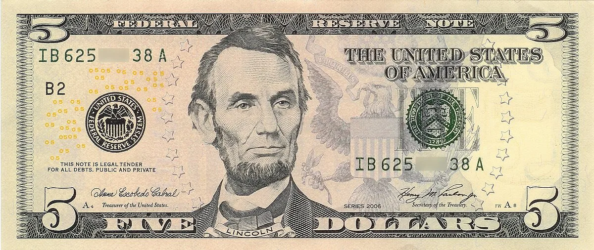 Obverse of the US 5 dollar bill showing Abraham Lincoln