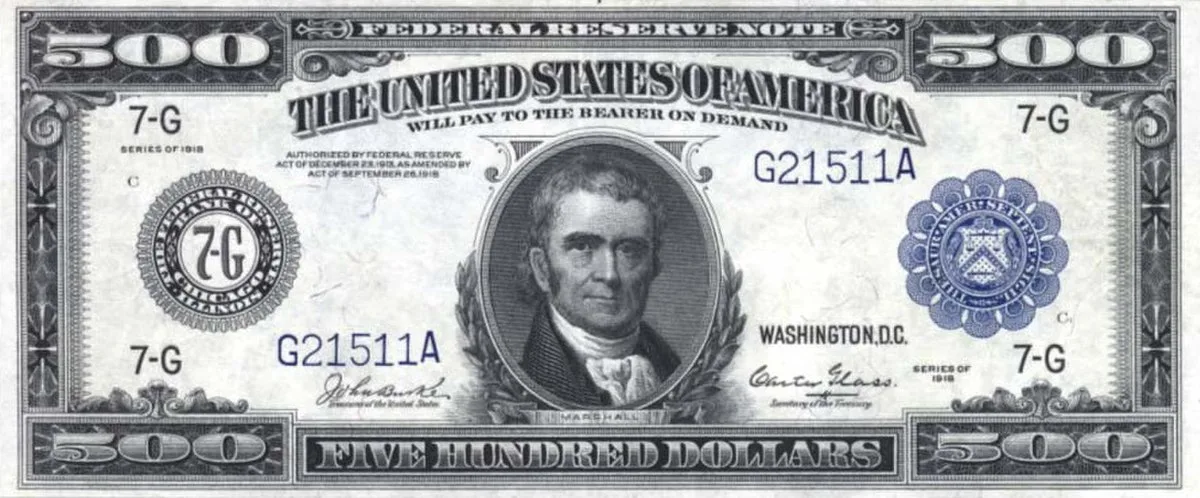 Historic US 500 dollar bill from the 1918 Federal Reserve Note series