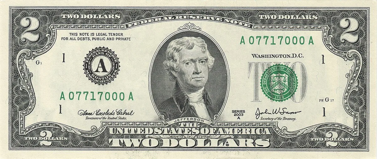 Obverse of the US 2 dollar bill showing Thomas Jefferson
